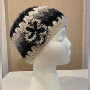 Crochet Alpaca blend Beanie Hat White Black Grey with Flower